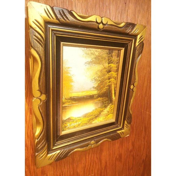 Oil Painting Signed J. Green Guilded Wood Frame Black Velvet Trim Vintage 1950s - Picture 1 of 8